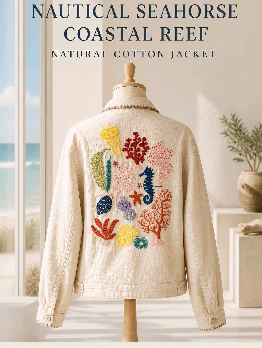 Nautical Seahorse Coastal Reef Natural 100% Cotton Jacket Small Medium New - Picture 4 of 11